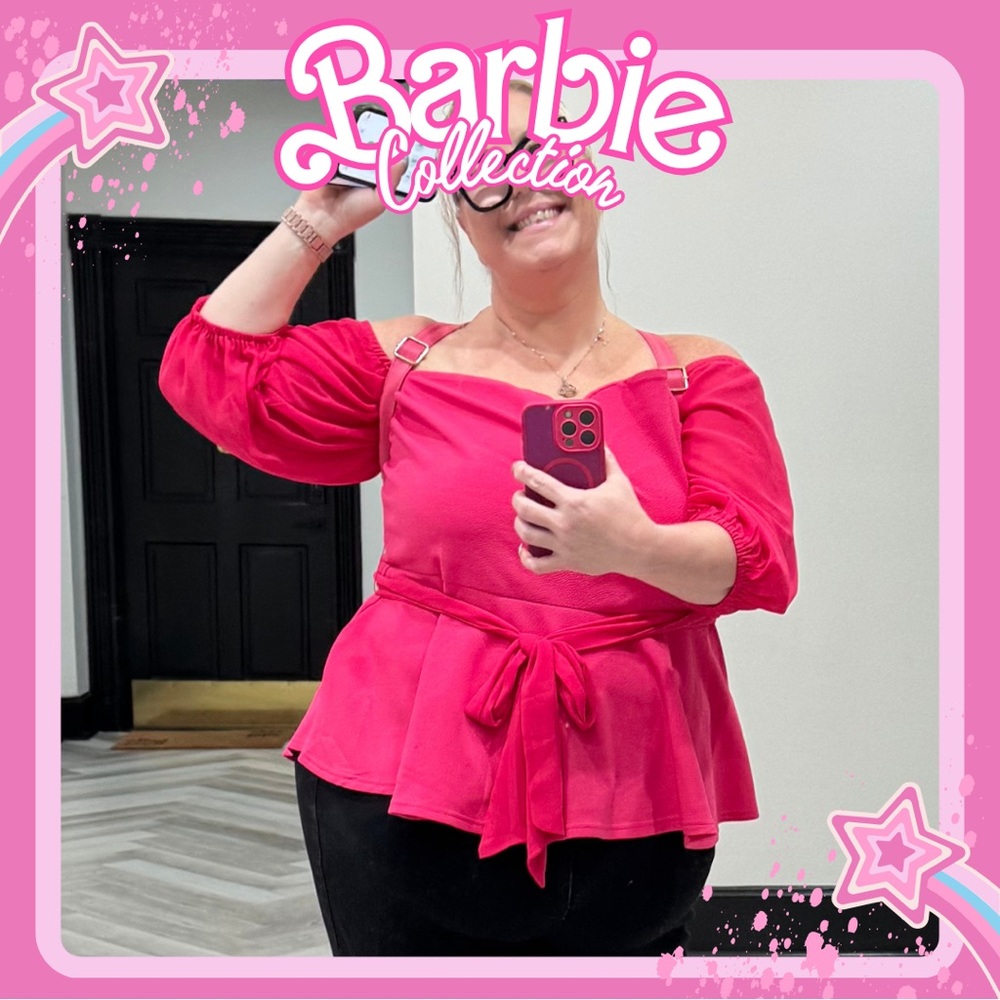✅ Pink Off-Shoulder Peplum Style Blouse top with Waist Sash Belt